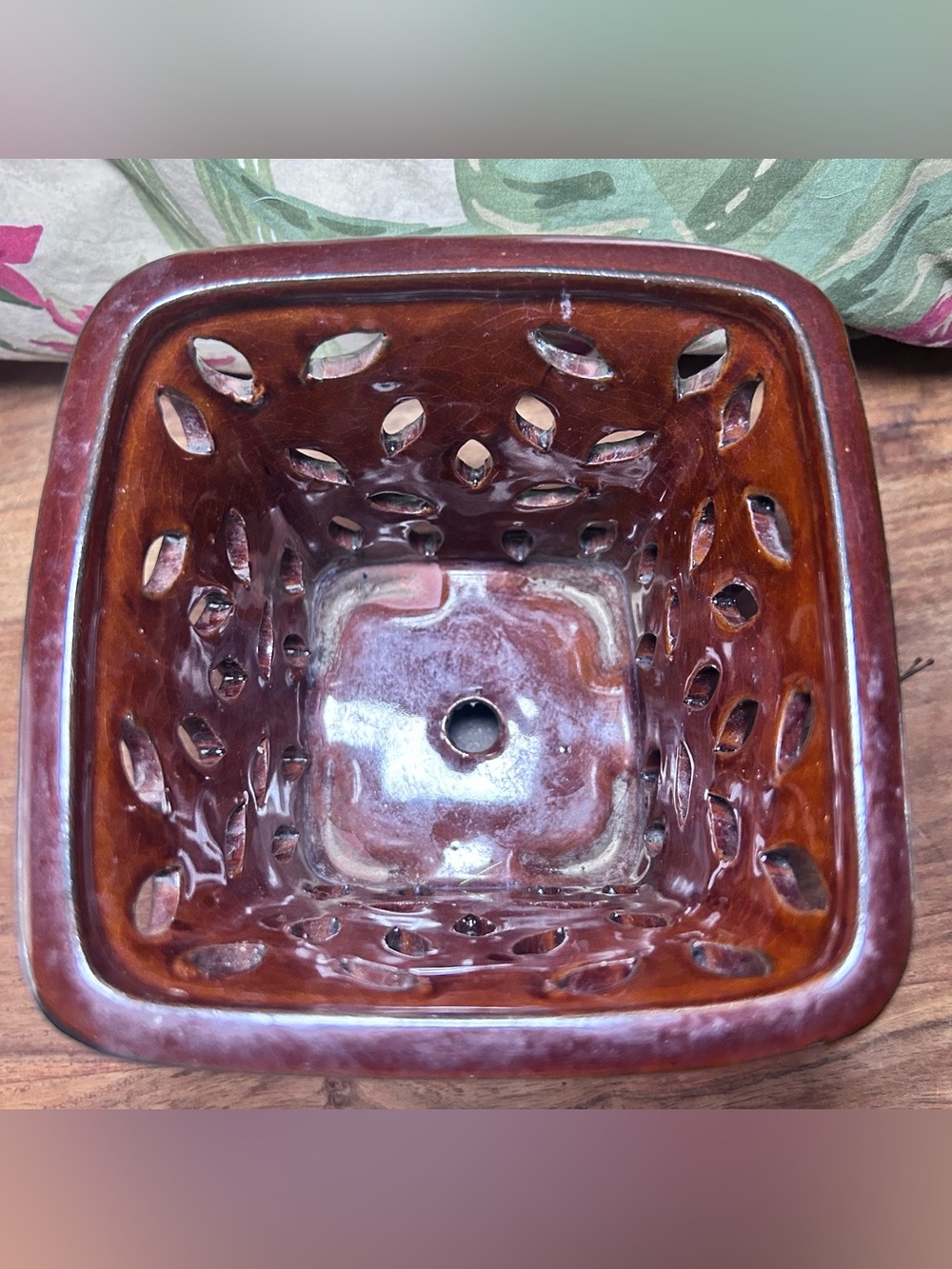Ceramic Orchid Pot with Attach Tray and Cut Out Sides Glossy Brown - Picture 2 of 7